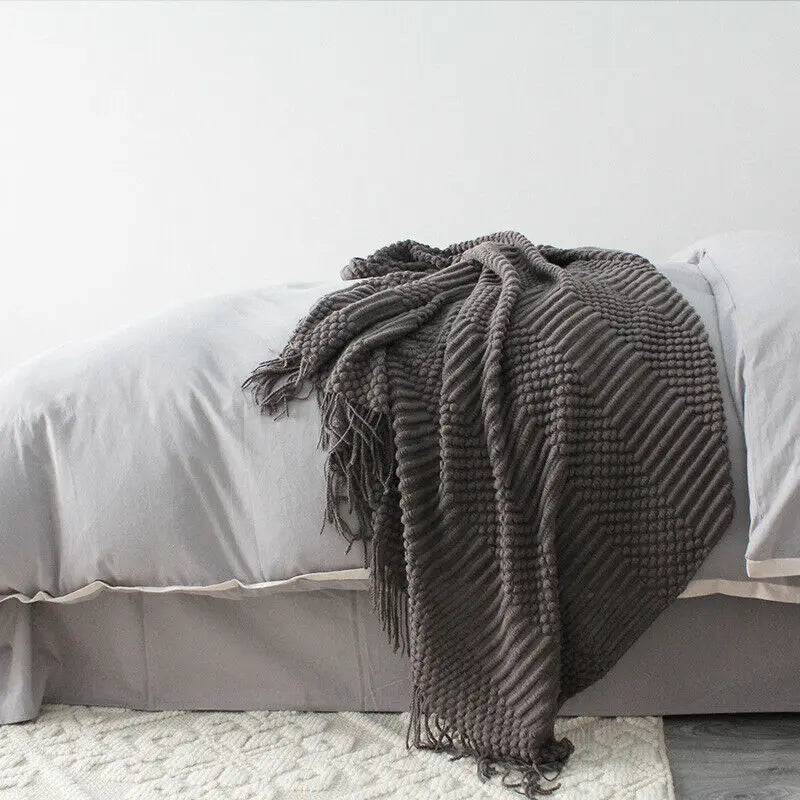 Nordic Plaid Knit Tassel Blanket