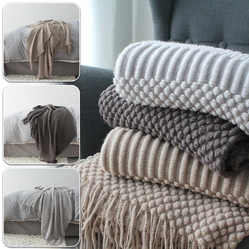 Nordic Plaid Knit Tassel Blanket